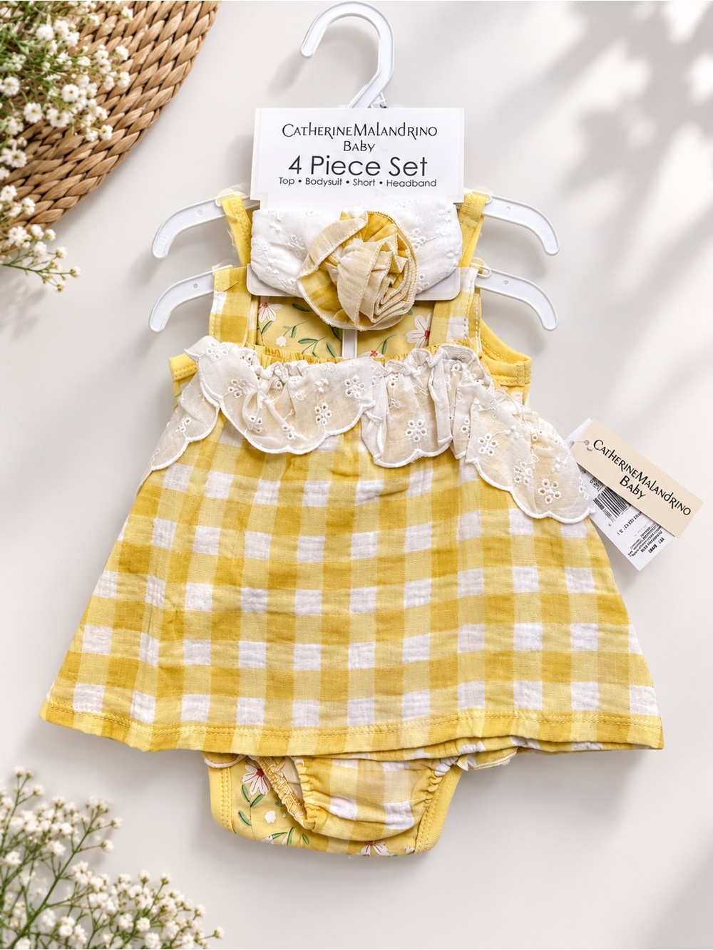 Catherine Malandrino Baby Yellow and White Gingham 4-Piece Set